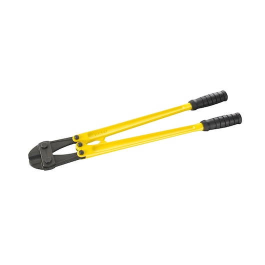 Stanley 95-565 bolt cutter with yellow handles and black grips, side angle, on white background.