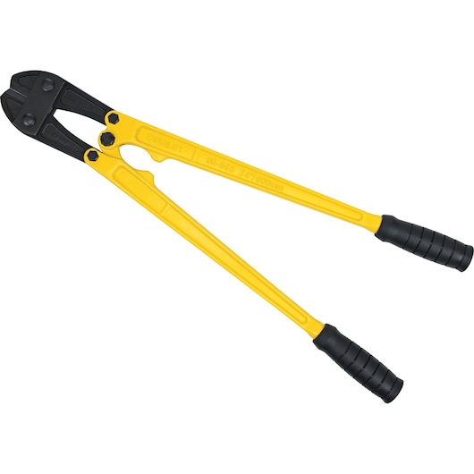 STANLEY 95-565 bolt cutter with yellow handles and black grips, top view on white background.