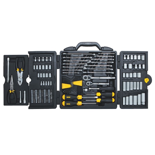 Stanley tool set front shot, showcasing pliers, screwdrivers, sockets, ratchets, bits, and extensions in black case