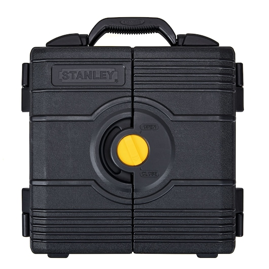 Stanley black hard plastic carrying case with yellow circular latch, front angle on white background