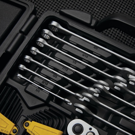 STANLEY 97-543 photography of silver wrenches organized in black plastic case, close-up angle.