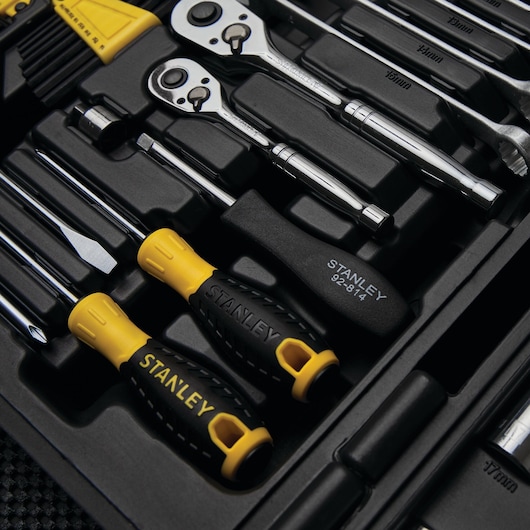 Photo of STANLEY 97-543 tool set showing yellow and black screwdrivers and ratchets in a molded case.
