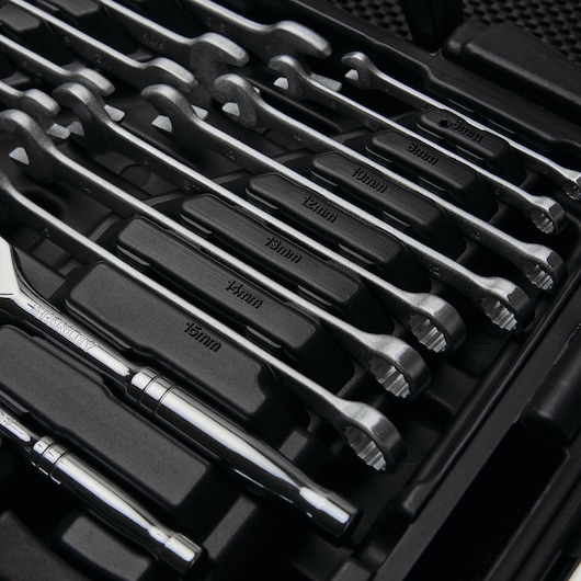 STANLEY 97-543 wrench and ratchet set in black case, close-up angle showing sizes engraved on tool handles.