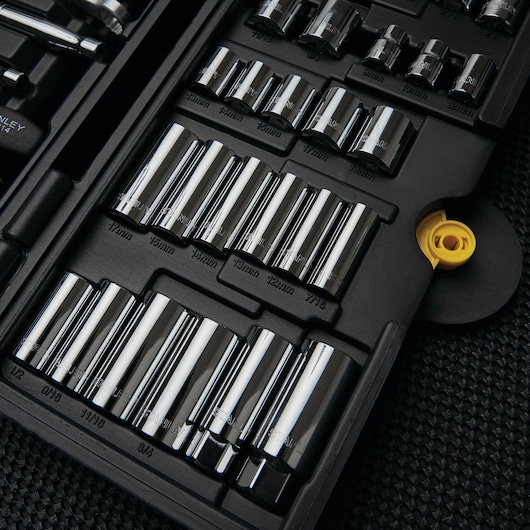 STANLEY 97-543 socket set in black case, showing various chrome sockets with size labels, top angle.