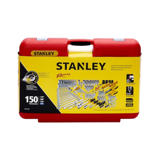 Stanley R99-150LA mechanics tool set, 150 pieces, in red and yellow hard case, front angle photo.