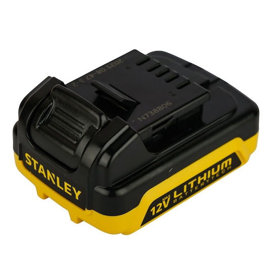 STANLEY SB12S 12V lithium battery, black and yellow, angled view on white background.