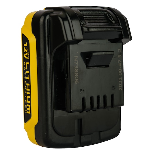 STANLEY 12V lithium battery SB12S side angle, black and yellow housing, visible battery terminals and label.