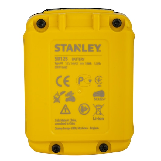 STANLEY SB12S yellow battery back view, showing label with specifications, certification symbols, and warning icons.