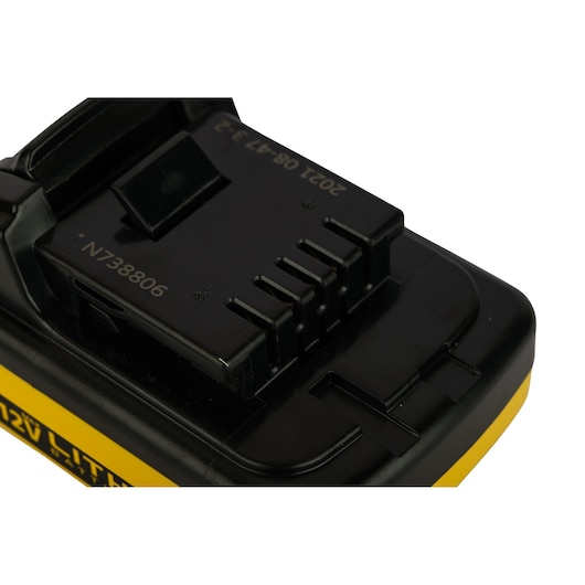 STANLEY SB12S battery pack close-up, black and yellow casing, photographed from top angle