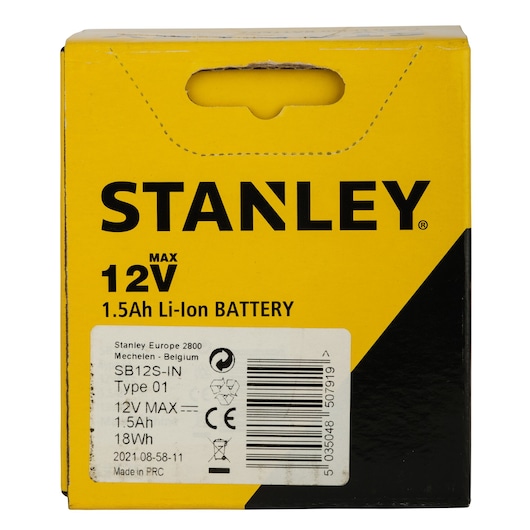 STANLEY SB12S 12V 1.5Ah Li-Ion battery box, yellow and black, front angle, product packaging.