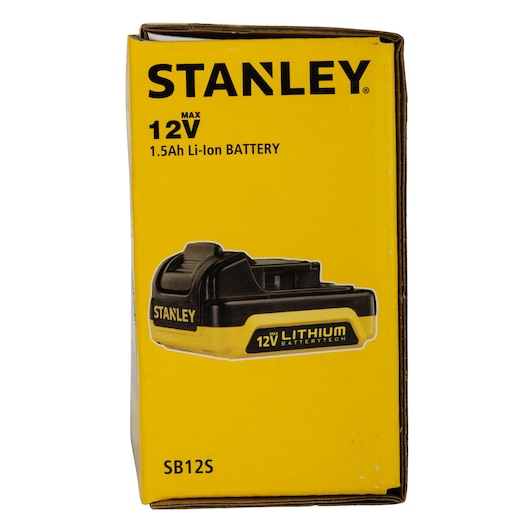 Photo of STANLEY SB12S 12V lithium battery in yellow packaging, front angle, battery tech label visible.