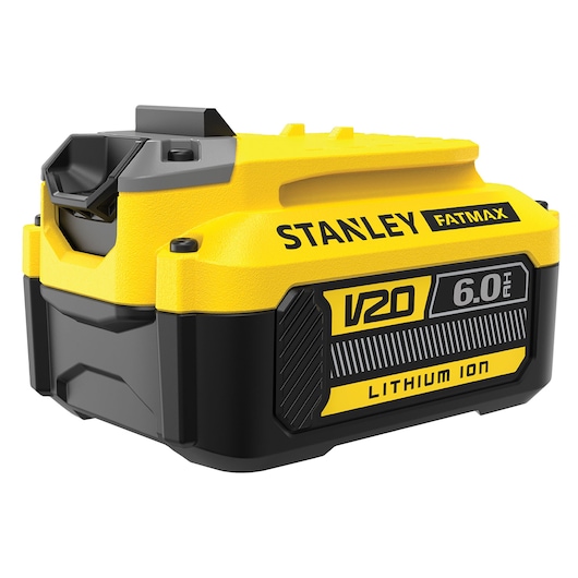 STANLEY SB206-B2 V20 Fatmax 6.0Ah lithium ion battery, product photography, angled on white background.