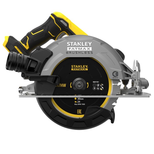 Photo of STANLEY SBC550 circular saw, side view, gray and yellow brushless power tool.