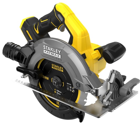STANLEY SBC550 circular saw, yellow and black, side angle, with brushless motor and measuring guide