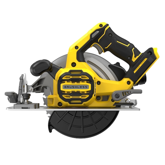 DeWalt DCS570 cordless circular saw side view, yellow and black, brushless motor, power tool photography