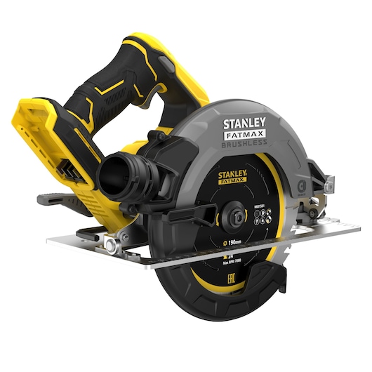 STANLEY SBC550 brushless circular saw, black and yellow, side angle, FATMAX branding, photography.