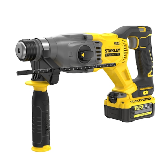 Photo of STANLEY SBH900M2K-B3 cordless rotary hammer drill, yellow and black, side angle, with auxiliary handle.