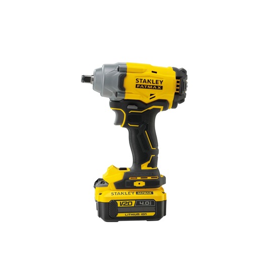 STANLEY SBW920M2K cordless impact wrench, side view, yellow and black, V20 4.0Ah Lithium Ion battery, white background.