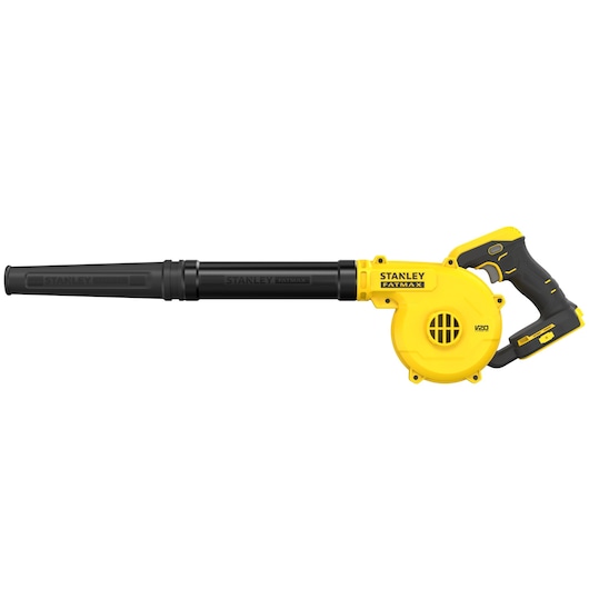 STANLEY SCBL01 yellow and black cordless blower side view on white background, showing ergonomic handle and long nozzle.