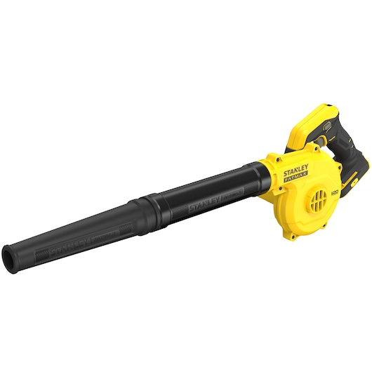 STANLEY SCBL01 yellow and black cordless blower, side angle, with long black nozzle, product photography.