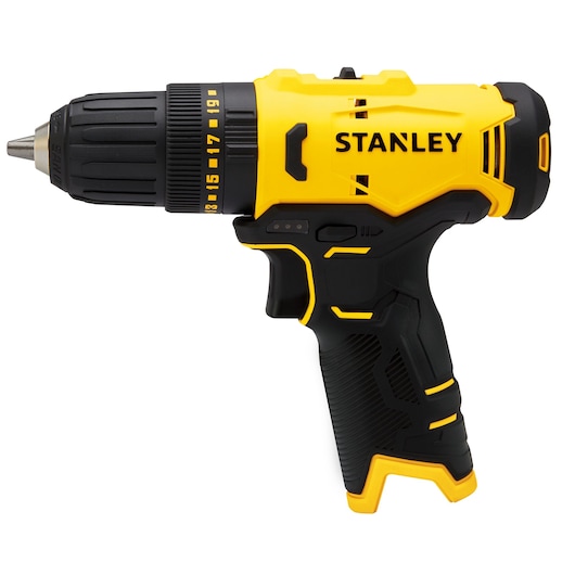 Stanley SCH10 cordless drill, yellow and black, right side angle, photography category