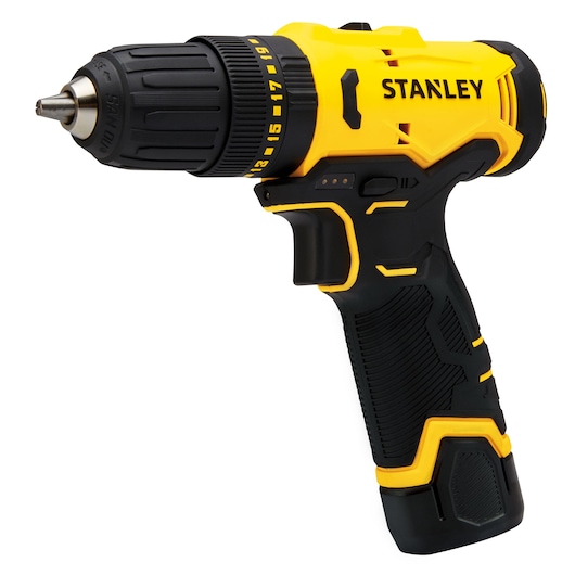 STANLEY SCH10 cordless drill, black and yellow, power tool shown from front left side on white background.