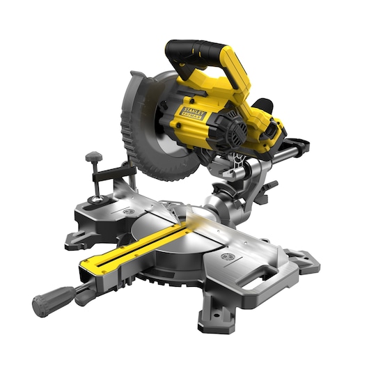 STANLEY SCM701M1 miter saw, yellow and black, side angle, with silver base and visible blade guard.