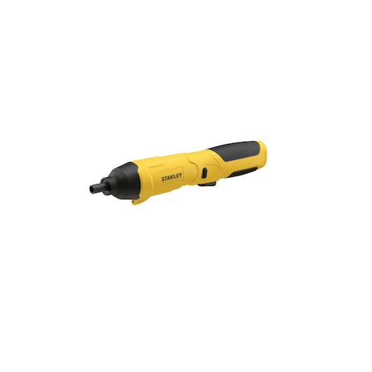 STANLEY SCS4K yellow and black cordless screwdriver, angled right, on white background.