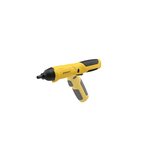 STANLEY SCS4K yellow and black cordless screwdriver, angled side view on white background.