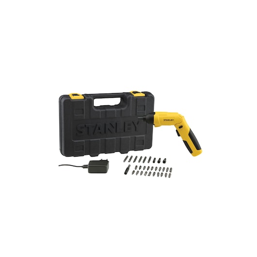 Stanley SCS4K yellow cordless screwdriver kit with black case, charger, and multiple bits, front angle.