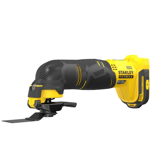 STANLEY SCT500 cordless oscillating multi-tool, yellow and black, side angle on white background.