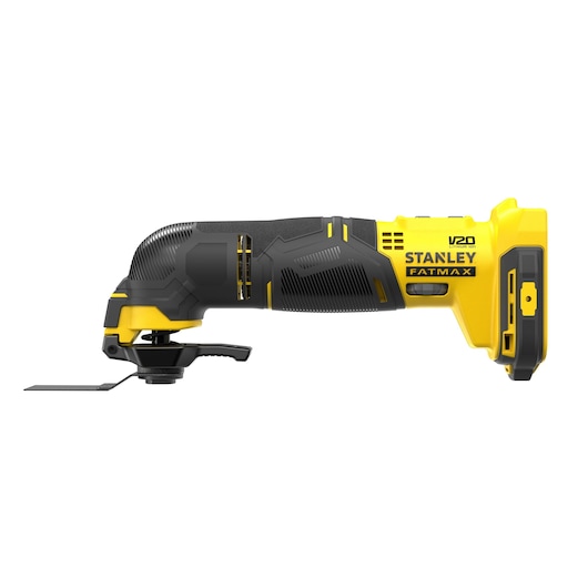 STANLEY SCT500 cordless oscillating multi-tool, yellow and black, side view, with blade attached, on white background.