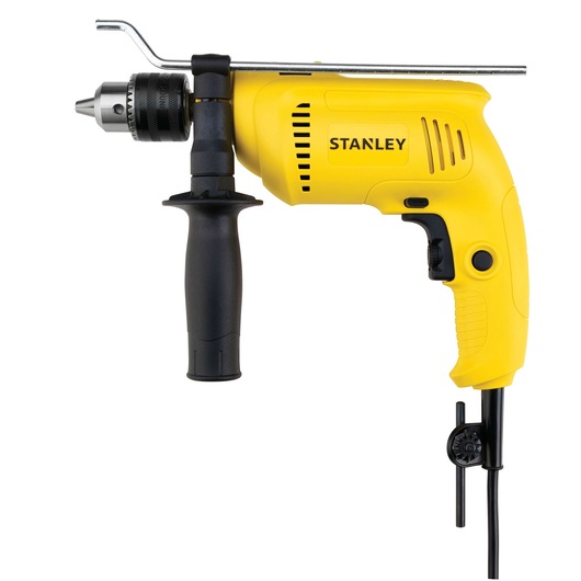 STANLEY SDH600K yellow corded hammer drill, side handle, photography, product shown from left profile.