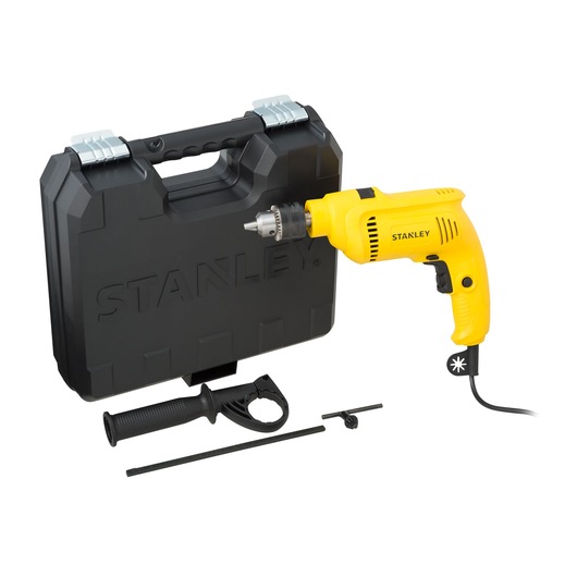 STANLEY SDH600K yellow hammer drill kit with black carrying case, side handle and accessories, front angle.