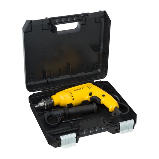 Stanley SDH600K yellow corded drill set in black carrying case, photography, front angle.