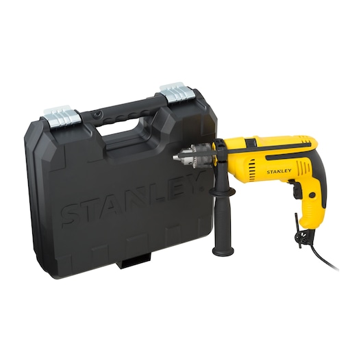 STANLEY SDH700K corded yellow drill with side handle and black carrying case, front angle on white background.