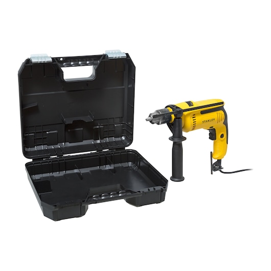 STANLEY SDH700K yellow corded drill with side handle, shown with open black carrying case, front angle.