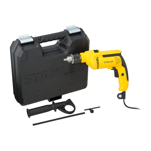 STANLEY SDH700K yellow corded drill kit with carrying case, side handle, depth gauge, and chuck key, angled view.