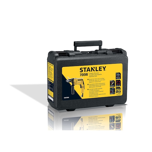 Stanley SDH700K hammer drill kit case, black with yellow label, photographed angled on white background.