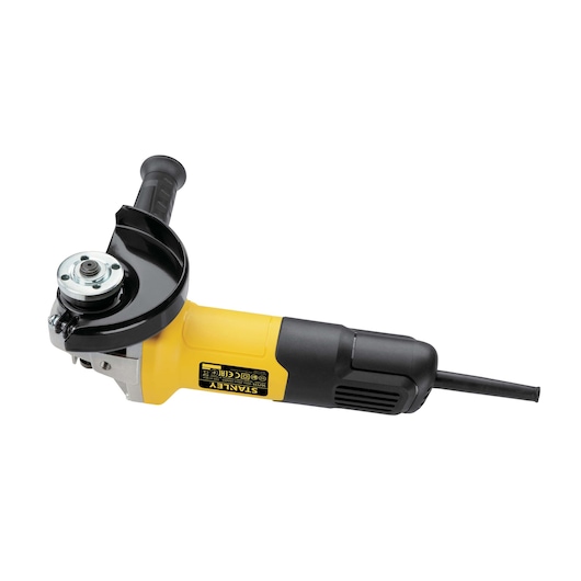 STANLEY SG7115-B3 angle grinder, yellow and black, side view on white background, power tool category.