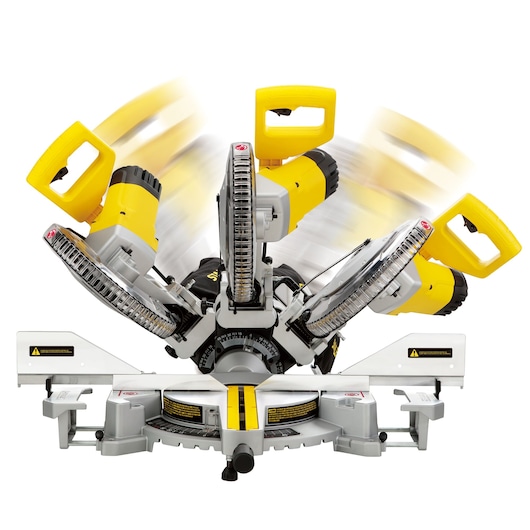 STANLEY SM18-B2C miter saw front angle showing adjustable yellow handle positions, white background.