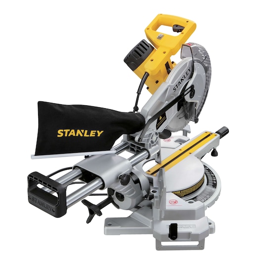 STANLEY SM18-B2C compound miter saw with yellow and black accents, photographed on white background.