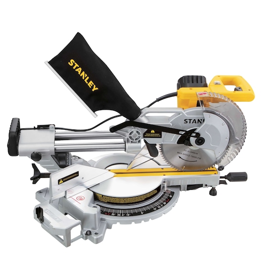 Photo of STANLEY SM18-B2C compound miter saw, yellow and silver, side angle on white background.