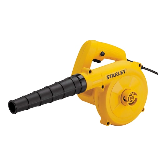 Photo of STANLEY SPT500-BR yellow electric blower with black nozzle, product side angle, white background.