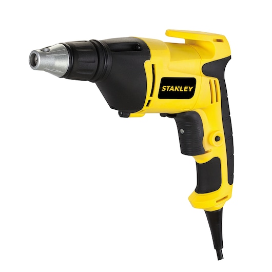 Photo of STANLEY STDR5206 yellow and black corded screwdriver, right side angle, tool category.