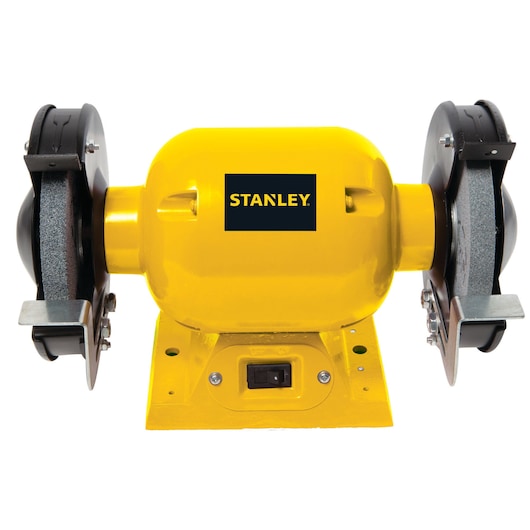 STANLEY STGB3715 bench grinder, yellow and black, front angle on white background.