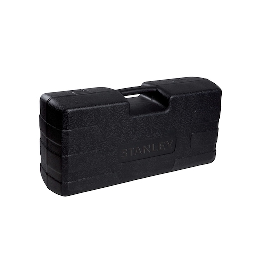 Stanley STGP1318K black hard plastic tool case, front angle, photography on white background.
