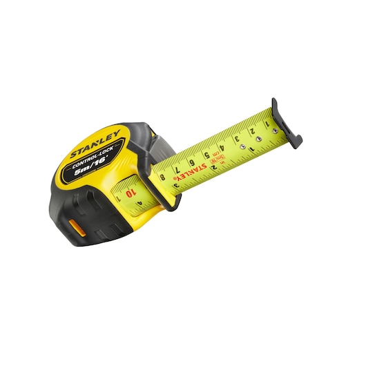 STANLEY STHT37246-0 tape measure, yellow and black, angled view on white background.