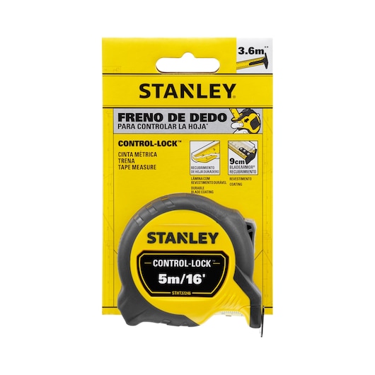 STANLEY STHT37246-0 tape measure, 5m/16ft, black and yellow, front view on white background, Control-Lock model.