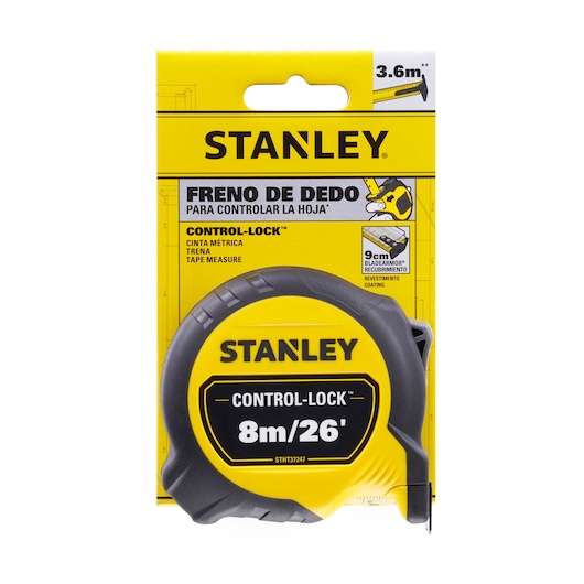 Photo of STANLEY STHT37247-0 tape measure with yellow and black Control-Lock design, front angle, 8m/26'.